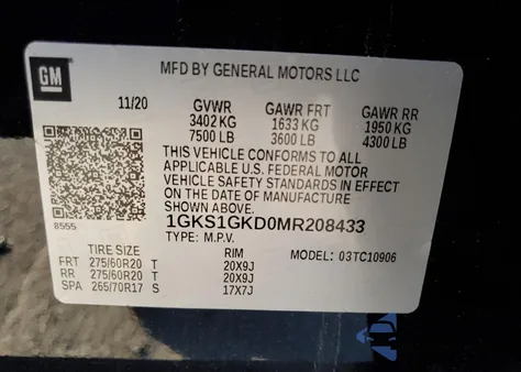 2021 GMC Yukon Xl C1500 Slt из США, поврежденный, VIN 1GKS1GKD0MR208433